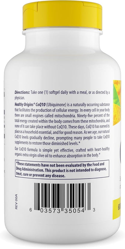 Healthy Origins® CoQ10 600 mg – Natural Trans-Isomer Ubiquinone – Yeast Fermented, Supports Heart Health & Cellular Energy – Non-GMO 60 Softgels