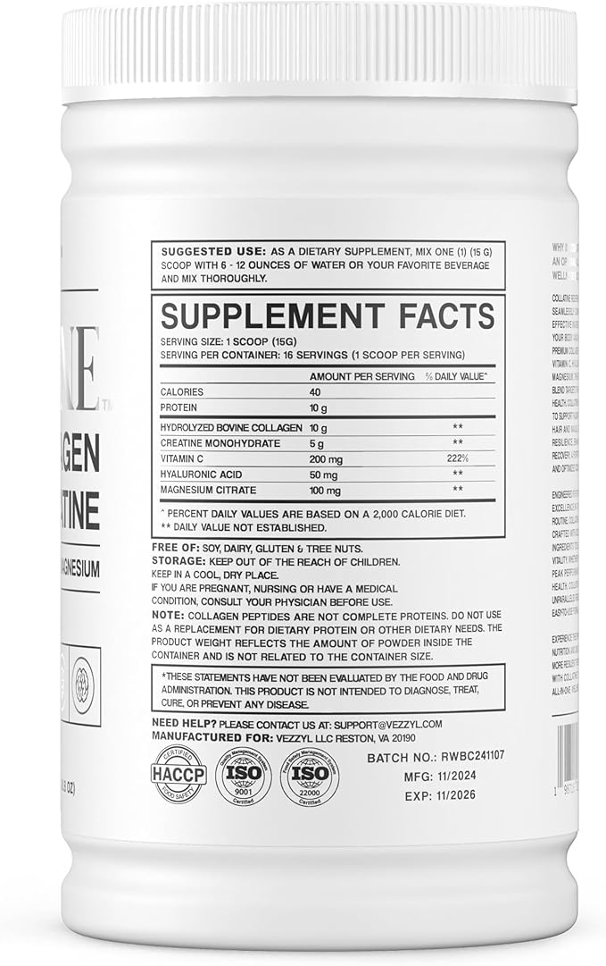 Collatine - Premium Collagen Peptides + Creatine with Vitamin C, Hyaluronic Acid and Magnesium for Skin, Hair, Nails, Bone & Joint, Muscle, Immune and Cognitive Aid (.55 LB (250 G/8.8 OZ)