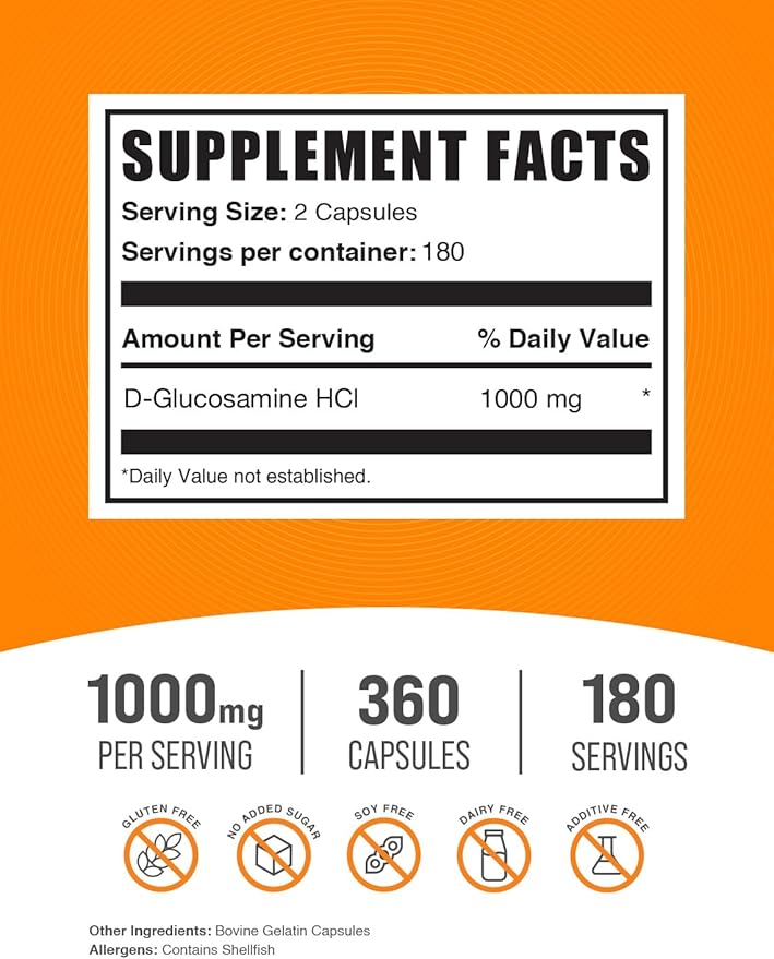 BulkSupplements.com Glucosamine HCl Capsules - Glucosamine Supplement, Nutritional Supplement - Gluten Free, 2 Capsules per Serving, 360 Count (Pack of 1)