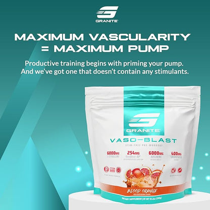 Granite Nutrition Vaso Blast Stim-Free Pre Workout - Non-Stim Nitric Oxide Support for Pump, Physique, and Muscle Capacity - Blood Orange (290g)