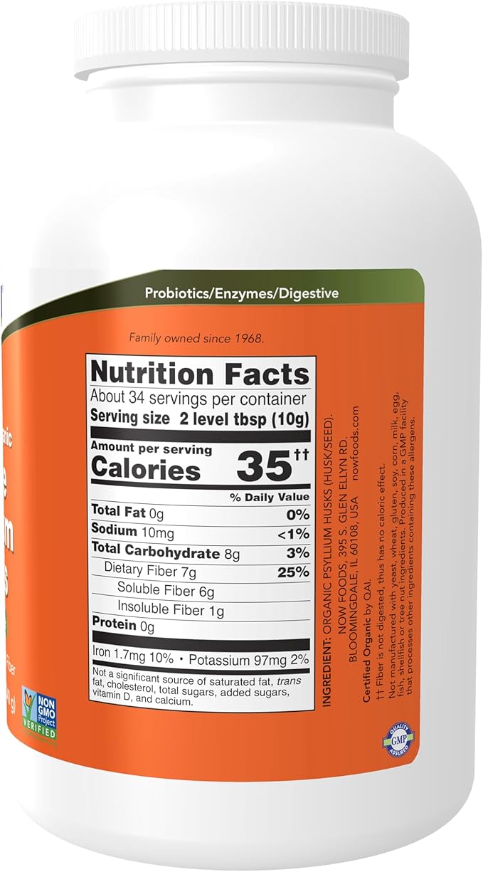 NOW Foods Supplements, Whole Psyllium Husks, Certified Organic, Non-GMO Project Verified, Soluble Fiber, 12-Ounce