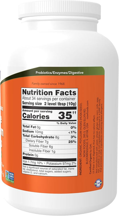 NOW Foods Supplements, Whole Psyllium Husks, Certified Organic, Non-GMO Project Verified, Soluble Fiber, 12-Ounce