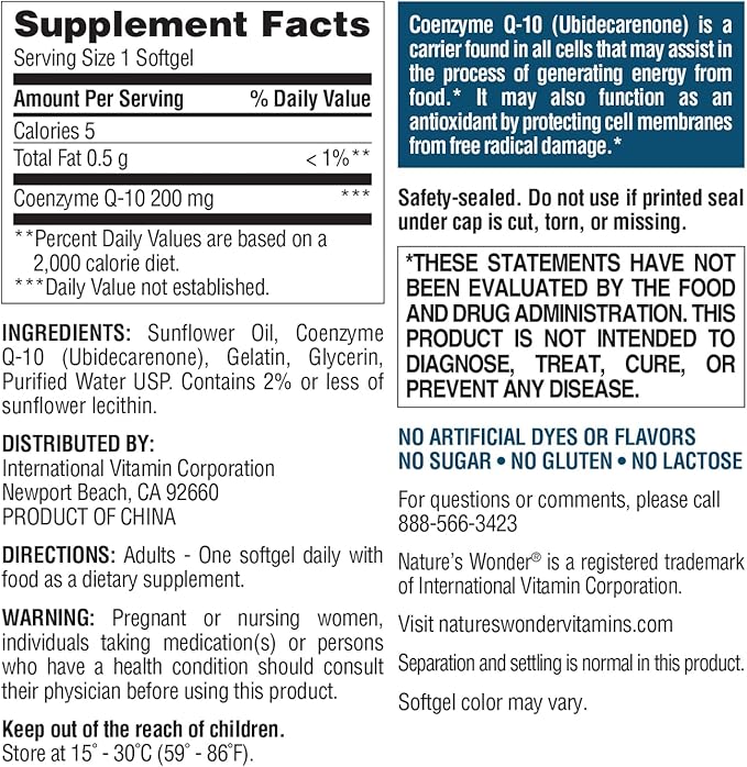 Nature's Wonder CoQ10 Supplement - CoQ10 200mg Softgels to Support Heart Health, Cardiovascular Function, and Cellular Energy Production, 120 Softgels, 120 Days Supply