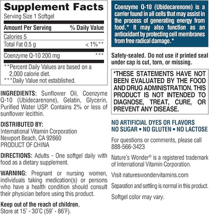 Nature's Wonder CoQ10 Supplement - CoQ10 200mg Softgels to Support Heart Health, Cardiovascular Function, and Cellular Energy Production, 120 Softgels, 120 Days Supply