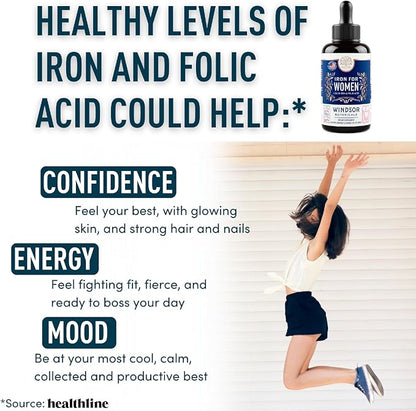 Liquid Iron Supplement for Women 2-Pack - Folic Acid, Vitamin C, Vegan Liquid Iron Supplements for Anemia, Menstruation, Pregnancy Support - Drops Orange Flavor - 2x2oz