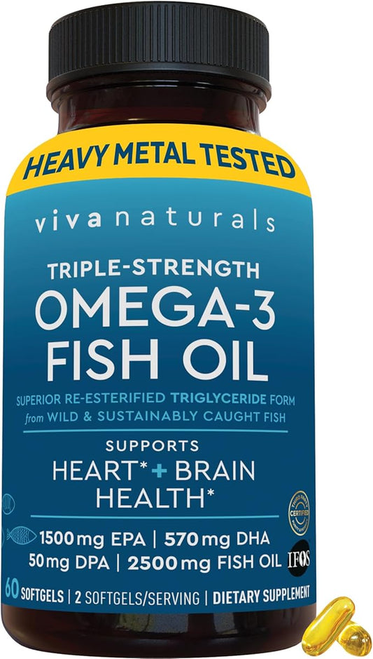 Viva Naturals Omega 3 Fish Oil Supplement for Women and Men - 2500 mg Triple Strength Fish Oil Pills with Re-Esterified Omega 3 Fatty Acids Including EPA, DHA DPA - 60 Pescatarian-Friendly Softgels