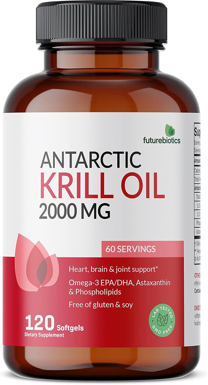 Futurebiotics Antarctic Krill Oil 2000mg with Astaxanthin, Omega-3s EPA, DHA and Phospholipids - 100% Pure Premium Krill Oil Heavy Metal Tested, Non GMO – 120 Softgels