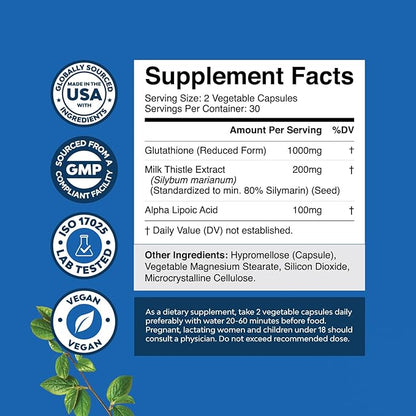 Skin Brightening Glutathione Supplement with Milk Thistle 1000mg - Glutathione Skin Whitening Capsules with Alpha Lipoic Acid for Liver Care, Energy Support & Immune Help - for Men & Women - 60 Count