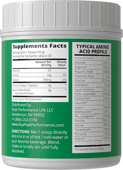Peak Performance Hydrolyzed Bone Broth and Collagen Unflavored Protein Peptides Powder Contains All Collagen Types: 1, 2, and 3. Pure Pasture, Raised Grass Fed, Paleo Friendly, Gluten + Dairy Free