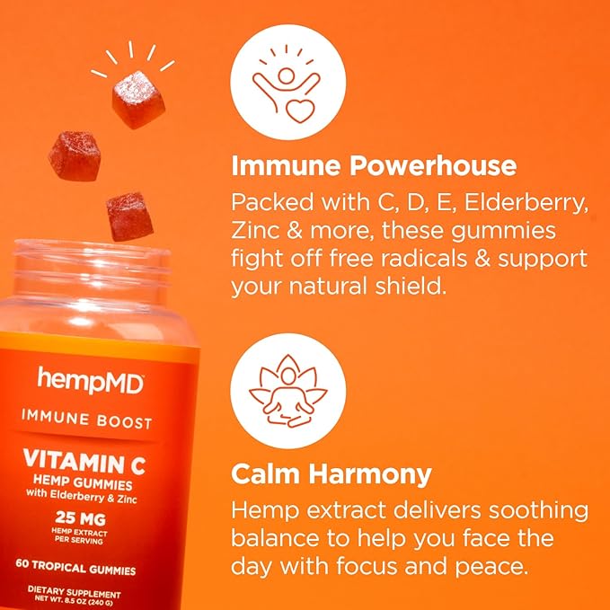 1500 mg Vitamin C Immunity Gummies - Relax and take Care of Your Immune Health. Infused with Citrus Burst Flavor with 25mg Hemp Extract, Vitamin D, E, Elderberry, Zinc 60 Ct