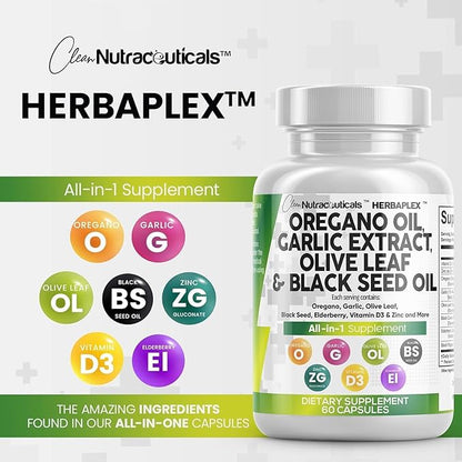 Clean Nutraceuticals Oregano Oil Garlic Extract Olive Leaf Black Seed Oil- Immune Support & Digestive Health Supplement for Women and Men with Vitamin D3 & Zinc - 5Pack
