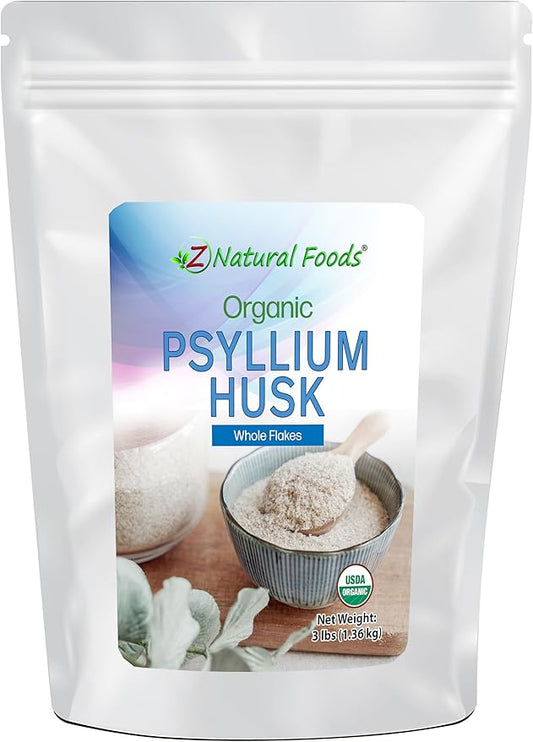 Z Natural Foods Organic Whole Psyllium Husk Flakes, a Natural Fiber Supplement, Mix It Into Smoothies, Juice, Non-GMO, Vegan, Gluten-Free, Kosher, 3 lb.