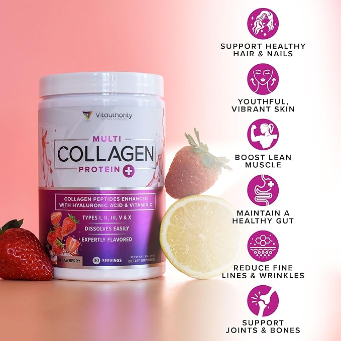 Multi Collagen Peptides Powder for Women - Hydrolyzed Flavored Collagen Powder for Women with Types I II III V & X Vitamin C & Hyaluronic Acid for Hair Skin and Nails (Strawberry) - 30 Servings