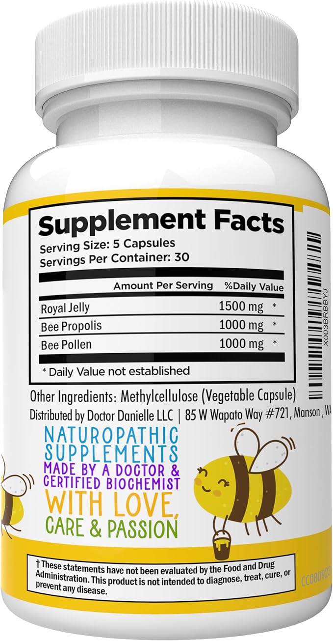 Dr. Danielle's Bee Wise - Bee Pollen Supplement - Bee Well with Royal Jelly, Propolis, Beepollen in 4 Daily Bee Pollen Capsules