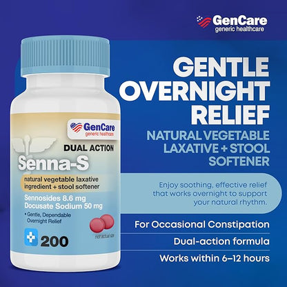 GenCare - Senna-S Natural Vegetable Laxative Plus Stool Softener Dual Action (200 Tablets) Value Pack | Gentle Dependable Overnight Relief of Occasional Constipation Generic for Senokot-S