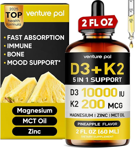 Venture Pal Vitamin D3 10000 iu Plus K2 (MK-7) 200 mcg Liquid Drops, Magnesium & Zinc MCT Oil | for Bone, Mood & Immune Health | High Absorption VIT K2 D3 Vitamin Supplement(Pineapple,2 Fl Oz)