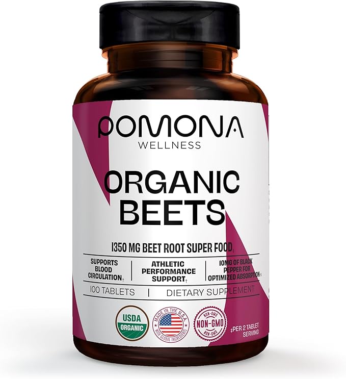 Pomona Wellness Beetroot Supplement Powder 1350mg, Supports Blood Pressure, Heart Health, Circulation, Energy & Athletic Performance, USDA Organic, Non-GMO, Vegan, 100 Tablets