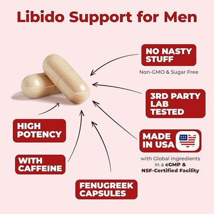 Libido Support For Men: Testosterone Supplement for Men with Fenugreek, Maca Root, Tongkat Ali, Horny Goat Weed, Tribulus. Male Enhancing Supplement, Testosterone Support, Muscle Builder - 30 Capsules