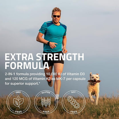 Bronson Vitamin K2 (MK7) with D3 Extra Strength Supplement Bone and Heart Health Non-GMO Formula 10,000 IU Vitamin D3 & 120 mcg Vitamin K2 MK-7 Easy to Swallow Vitamin D & K, 120 Capsules