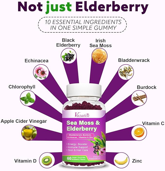 Elderberry Gummies with Sea Moss, Bladderwrack, Burdock, Echinacea, Apple Cider Vinegar, Chlorophyll, Vitamin C, D & Zinc Supplement for Women, Men, Adults and Kids, Blueberry Flavor 60Ct