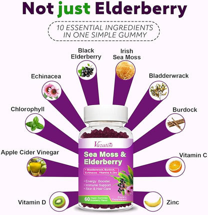 Elderberry Gummies with Sea Moss, Bladderwrack, Burdock, Echinacea, Apple Cider Vinegar, Chlorophyll, Vitamin C, D & Zinc Supplement for Women, Men, Adults and Kids, Blueberry Flavor 60Ct