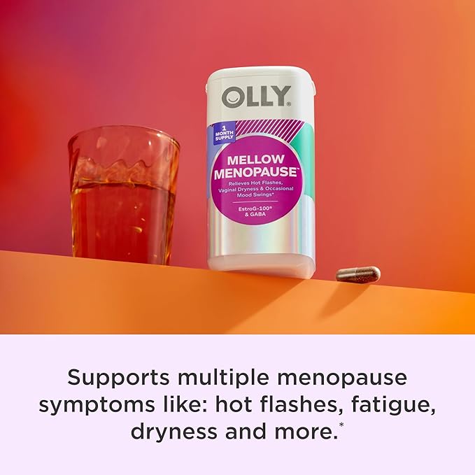 OLLY Mellow Menopause Supplements for Women, Supports Hot Flashes, Vaginal Dryness & Occasional Mood Swings,* Estro-G100®, GABA, Vegan Capsules, 2 Month Supply - 60 Count