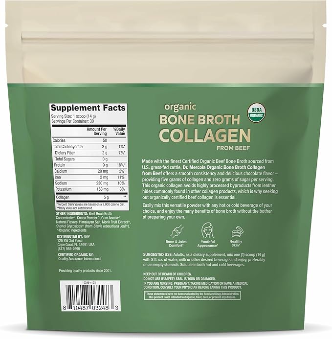 Dr. Mercola Organic Bone Broth Collagen Powder - Supports Bone Health & Muscle Growth - USDA Organic, Non-GMO, Gluten-Free & Dairy-Free - 30 Servings - Chocolate Flavor