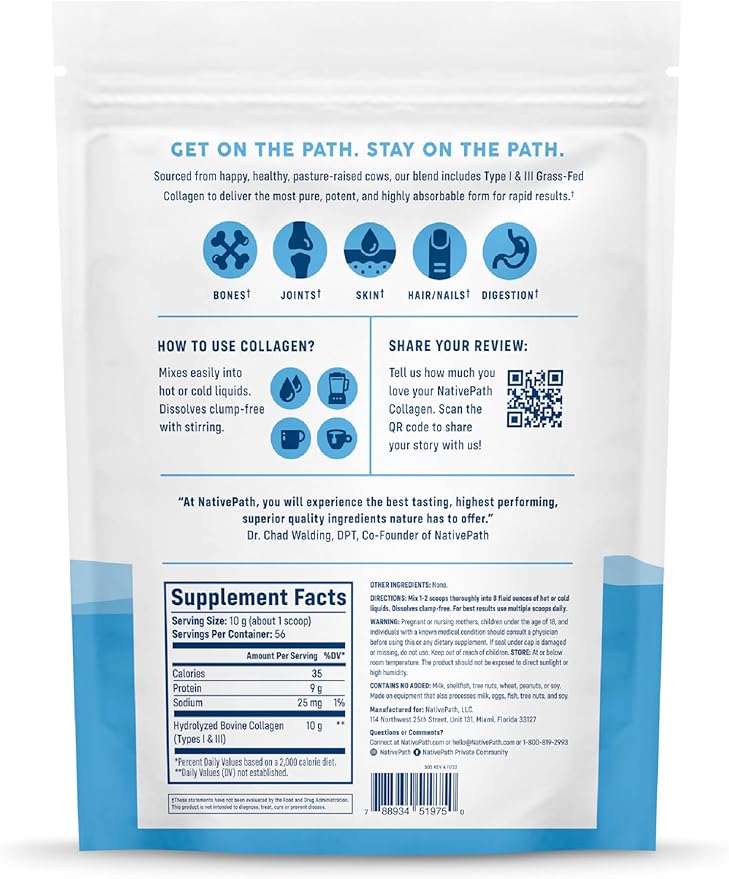 NativePath Collagen Peptides Protein - Hydrolyzed Type 1 & 3 Collagen Powder for Skin, Hair, Nails - 19.8 oz (56 Servings)