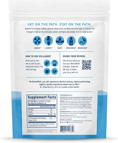 NativePath Collagen Peptides Protein - Hydrolyzed Type 1 & 3 Collagen Powder for Skin, Hair, Nails - 19.8 oz (56 Servings)