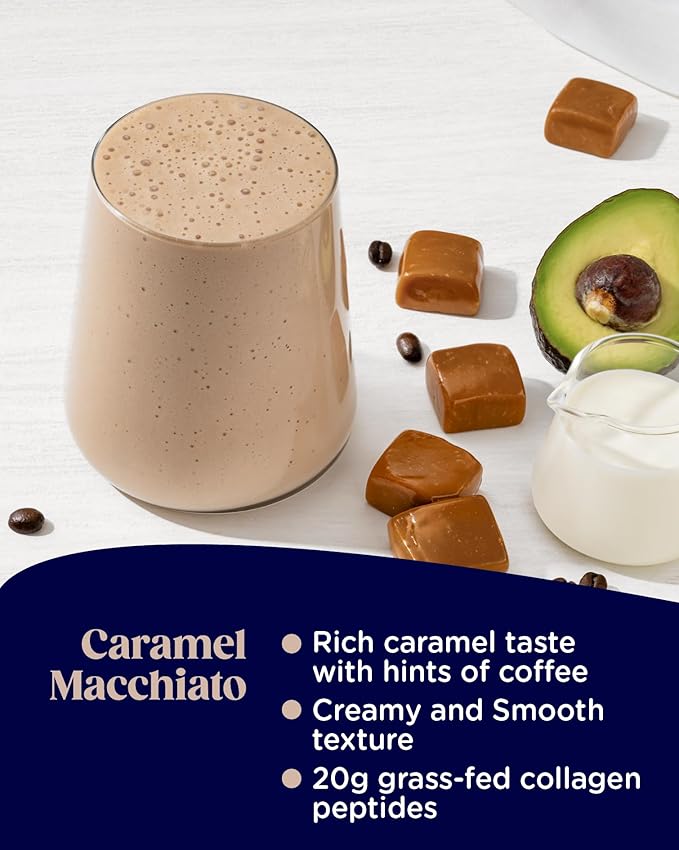 Enchant Collagen Shake powder, Caramel Macchiato flavor – 20g Grass Fed Collagen Peptides, Avocado Oil Creamer, source of Omega 9 Fats + Fiber, Promotes Hair, Nail, Skin, Bone & Joint Health, 0.80 lb