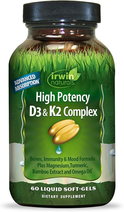 Irwin Naturals High Potency Mega D3 & K2 + Turmeric Extract for Healthy Bones, Immune Function & Positive Mood - Advanced Absorption with Magnesium, Turmeric, Bamboo & Omega Oil - 60 Liquid Softgels