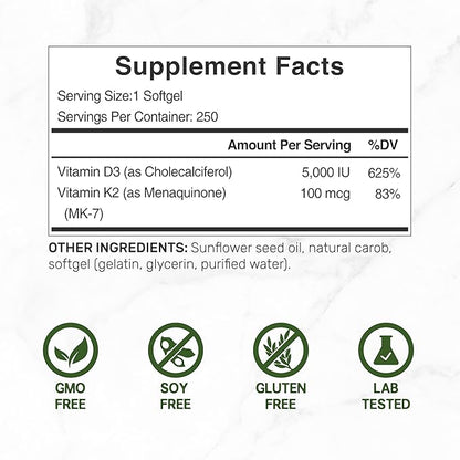 DEAL SUPPLEMENT Vitamin D3 K2 Softgel, 250 Count, 2-1 Complex, Vitamin D3 5000 IU & Vitamin K2 MK7, Promotes Heart, Bone & Teeth Health – Easy to Swallow