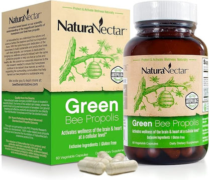 NaturaNectar - Green Bee Propolis Capsules - NSF Contents Certified Brazilian Green Propolis - Gluten-Free Propolis Supplements with Flavonoids - Naturally Sourced Through Ethical Beekeeping (60pcs.)