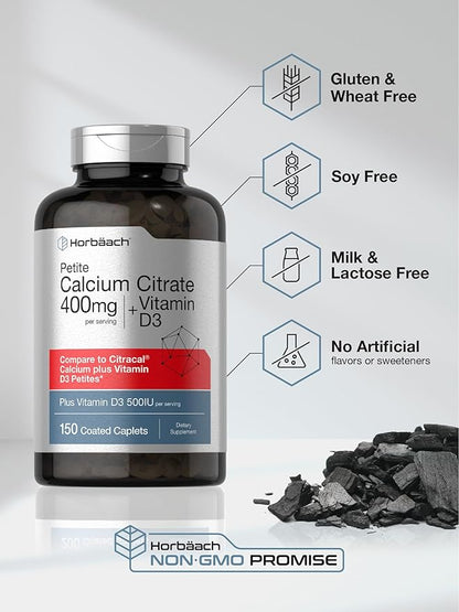 Horbäach Calcium Citrate with Vitamin D3 | 150 Petite Coated Caplets | Supplement for Men and Women | Vegetarian, Non-GMO & Gluten Free