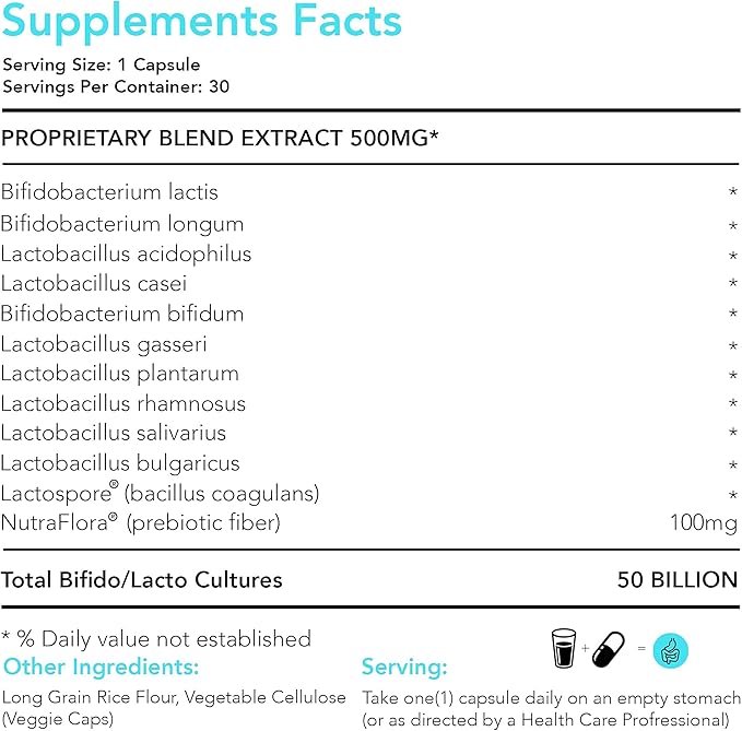 Probiotics 50 Billion - 11 Strain Live Probiotic Prebiotic for Men & Women - Best to Support Digestive & Immune Health. with Lactobacillus Gasseri - Guaranteed Potency to Expiration