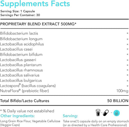 Probiotics 50 Billion - 11 Strain Live Probiotic Prebiotic for Men & Women - Best to Support Digestive & Immune Health. with Lactobacillus Gasseri - Guaranteed Potency to Expiration