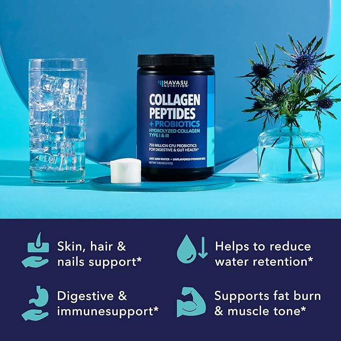 Collagen Peptides Powder with Probiotics - Grass-Fed Hydrolyzed Type I & III for Hair Skin and Nail Health - GLP-1 Nutritional Support for Digestion - Easy-to-Mix, Unflavored, 1-Month Supply