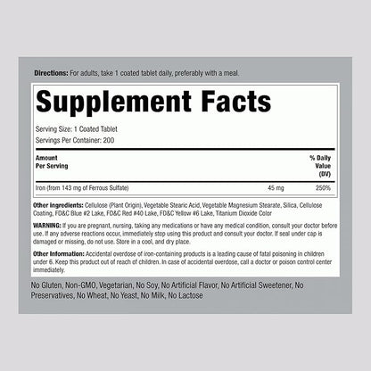 Piping Rock Iron Supplement 45 mg | 200 Tablets | for Women & Men | Slow Release Ferrous Sulfate | Vegetarian, Non-GMO & Gluten Free