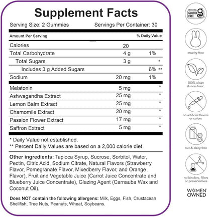 SLEEPtamin Melatonin Gummies 5mg | Infused with Chamomile & Ashwagandha for Relaxation | Promotes Restful Sleep, Balanced Mood, Stress Relief & Enhanced Relaxation | 60 Vegan Gummies
