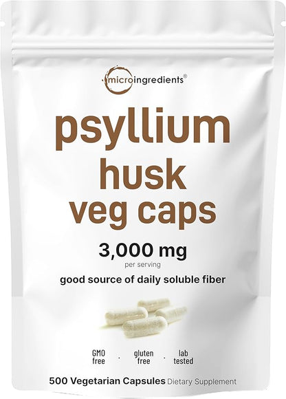 Psyllium Husk Veg Caps 3,000mg, 500 Veggie Capsules | Soluble Fiber Supplement | Max Strength | India Origin | Natural Prebiotics & Probiotics | Gut & Digestive Health Support | Vegan, Non-GMO