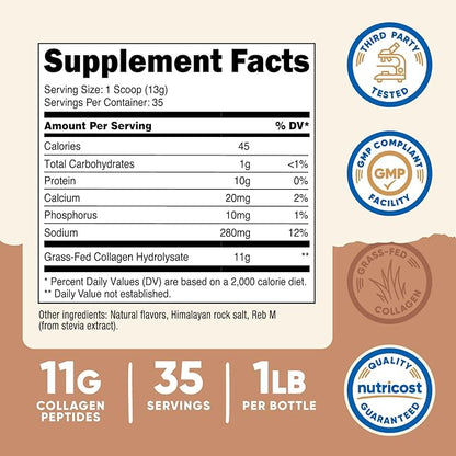 Nutricost Collagen Peptides Powder 1LB (454 G) (Salted Caramel) - Grass Fed Bovine Collagen Hydrolysate