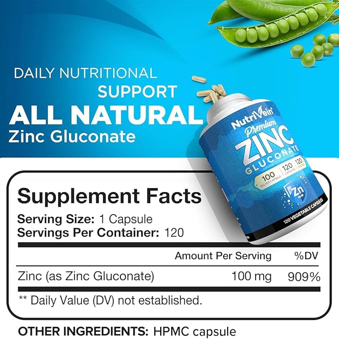 Nutrivein Premium Zinc Gluconate 100mg - 120 Capsules: High-Absorption Zinc Gluconate Supplements for Whole-Body Well-Being - Essential Elements for Wellness