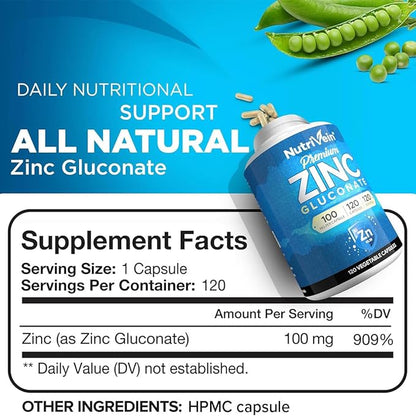 Nutrivein Premium Zinc Gluconate 100mg - 120 Capsules: High-Absorption Zinc Gluconate Supplements for Whole-Body Well-Being - Essential Elements for Wellness