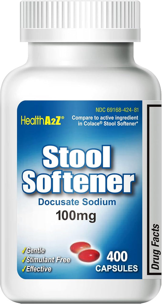 HealthA2Z® Stool Softener | Docusate Sodium 100mg | Red Capsules | Dependable | Gentle Constipation Relief (400 Counts (Pack of 1))