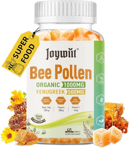 Bee Pollen 1000mg Sugar Free Gummies for Breast Growth, w/Fenugreek, Royal Jelly, Propolis, Organic Bee Pollen Supplement for Women, Rich in Vitamin E, Strengthen Immunity & Skin Care, 60 Counts