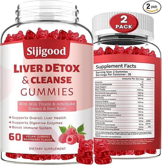 2 Pack Liver Cleanse Detox and Repair Gummies - Silymarin Milk Thistle Supplement with Artichoke, Dandelion and Elderberry - Liver Support Supplement - 120 Raspberry Flavored Gummies