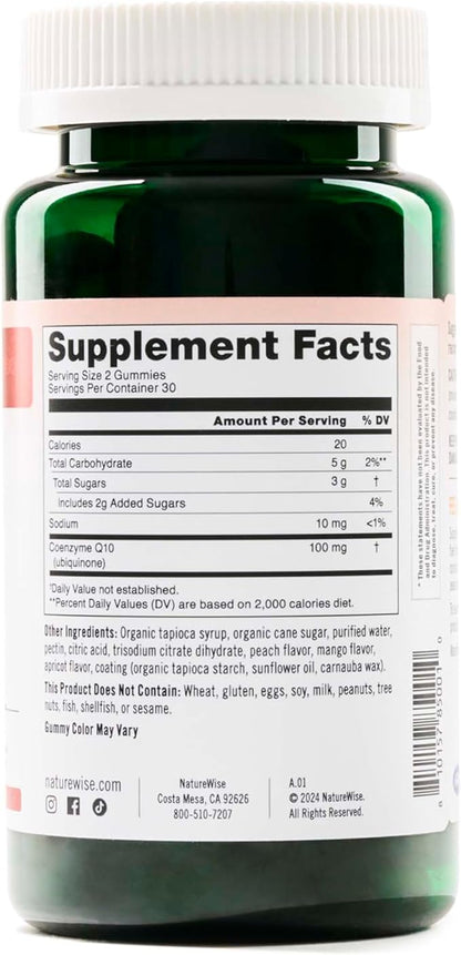 NatureWise CoQ10 Gummies 100mg - Peach Mango Flavor - Supplement for Heart Health & Antioxidant Activity - Pectin-Based, Vegan, Soy and Gluten Free, Non-GMO - 60 Count[1-Month Supply]