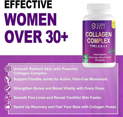 Premium Collagen Complex for Women - 1800mg Multi Collagen Types I, II, III, V, X, Non-GMO & Sugar Free, 90 Capsules (30 Day Supply) - Support Skin Elasticity & Joint Care