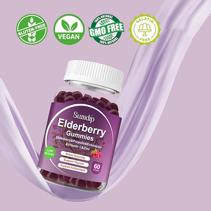 Elderberry Gummies with Zinc and Vitamin C Immune Support Herbal Dietary Supplements Berry Flavor Vegan Gummy Non-GMO Gluten Free 60 Gummies-2 Pack