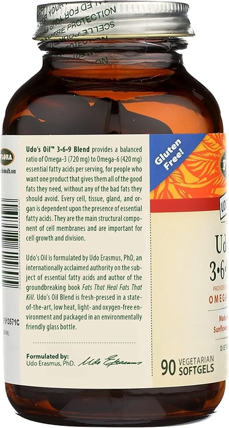 Flora Health Udo's Oil 3-6-9 Blend, Balanced Omega Fatty Acids from Flax, Sesame, Sunflower 90 Vegetarian Softgels